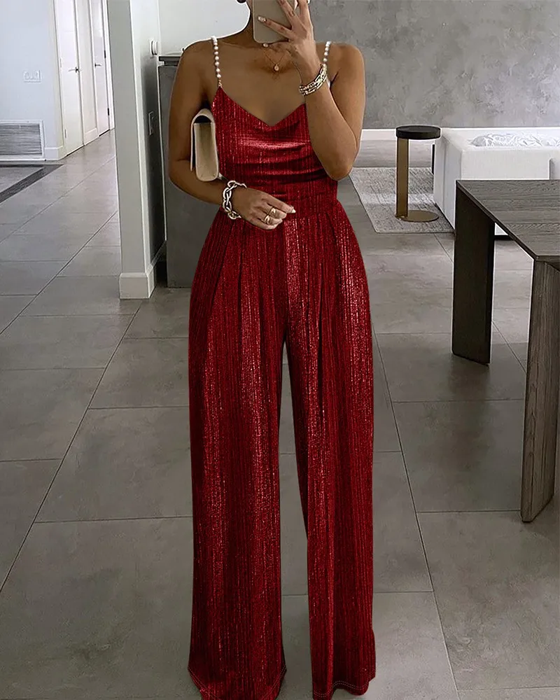Streetwear Jump Suits for Women 2024 Summer New Fashion Off Shoulder Beaded Pleated Jumpsuit Female's Sleeveless Suspender Pants new women spring summer fashion sleeveless pocket u neck bodysuit pure color casual slim sexy wrap hip suspender jumpsuit female
