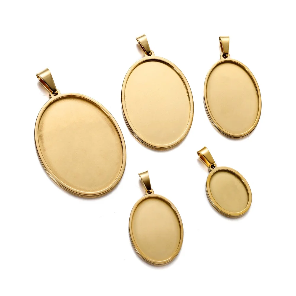 5pcs Gold Stainless Steel Oval Blank Bases For Pendants Tray 18/25/30/35/40mm Cabochon Bases Setting Jewelry Making Supplies