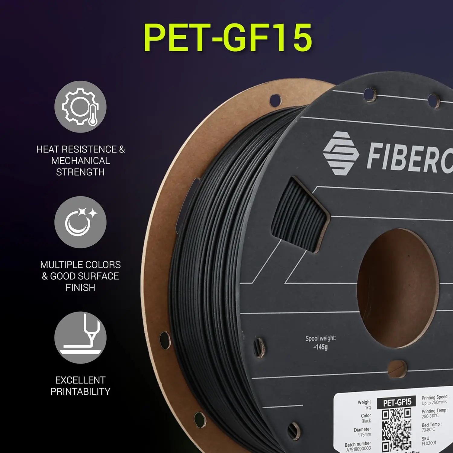 폴리메이커 파이버온 블랙 PET-GF15 3D 프린터 필라멘트 1.75mm 1KG, 15% 유리섬유 강화, 고강도 및 내열성