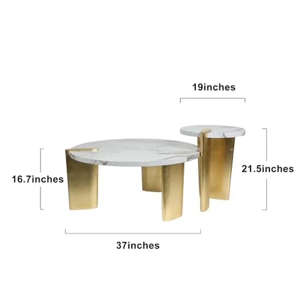White Marble Pattern Round Wood Nesting Coffee Table Set of 2 Living Room Side Table with Gold Legs Spacious Storage Easy to 2