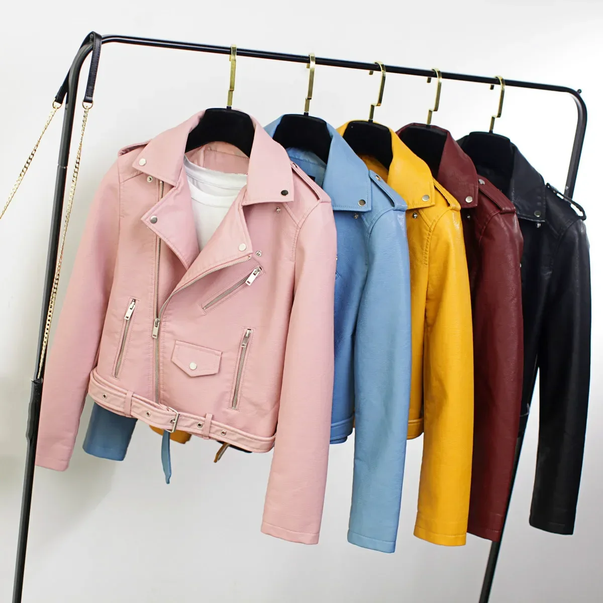 

Spring Women Faux Leather Moto Jacket Short Motorcycle Pu Jacket with Belt Cute Ladies Coat Female Streetwear Girls Outerwear