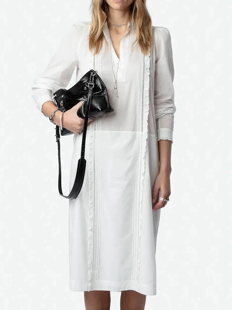 

Dressed women's loose and comfortable summer hollow patchwork white pure cotton long sleeved belt long skirt elegant white skirt