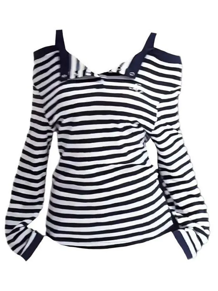 Sexy Gestreiftes Off-Shoulder T-Shirt für Damen, Marineblau mit Umlegekragen, Basic Tees, Locker Geschnitten, Langarm, Herbst-Frühling Oberbekleidung Top