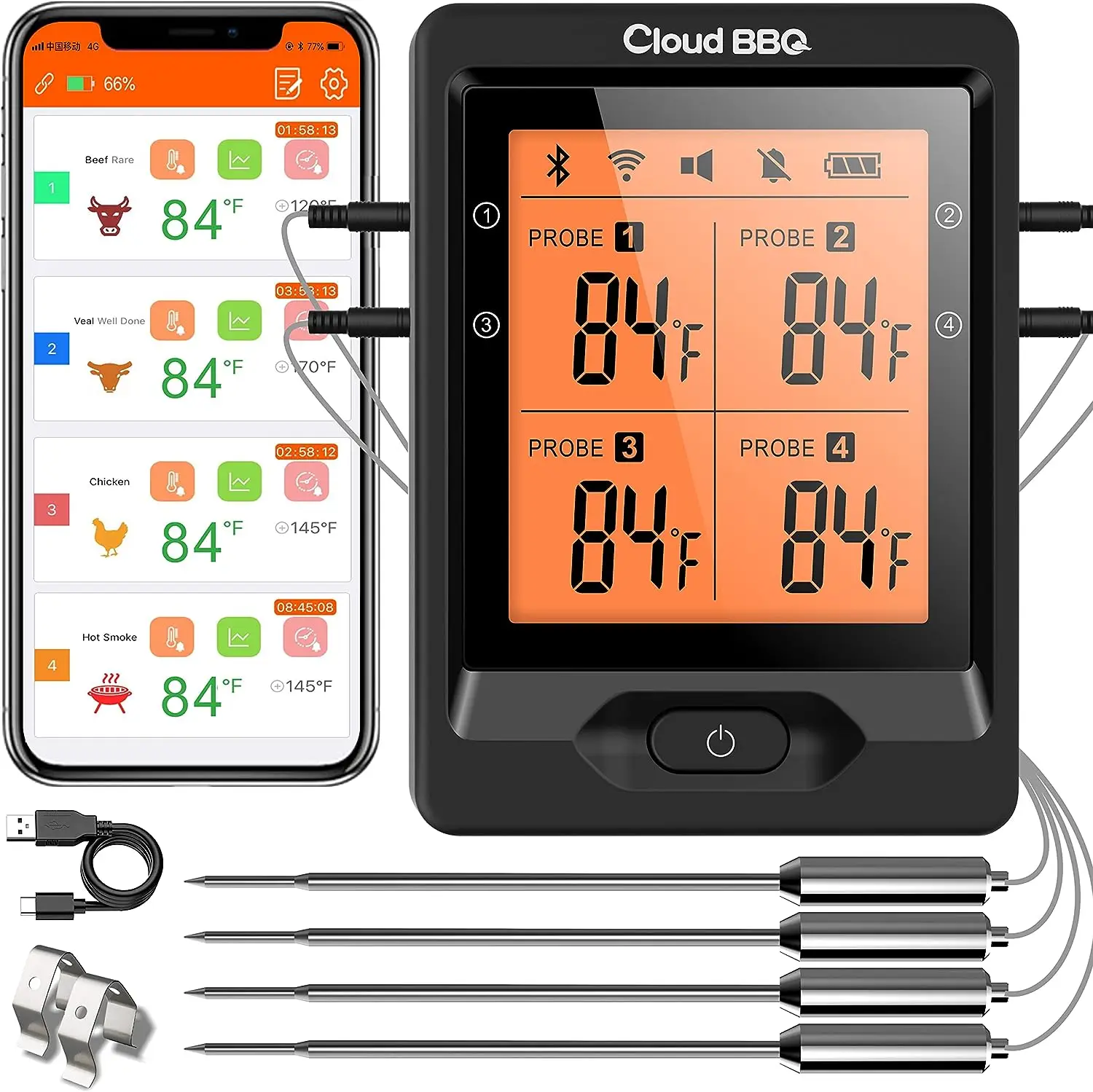 Bfour Black Wireless Bluetooth Digital Meat Thermometer With Dual Probe