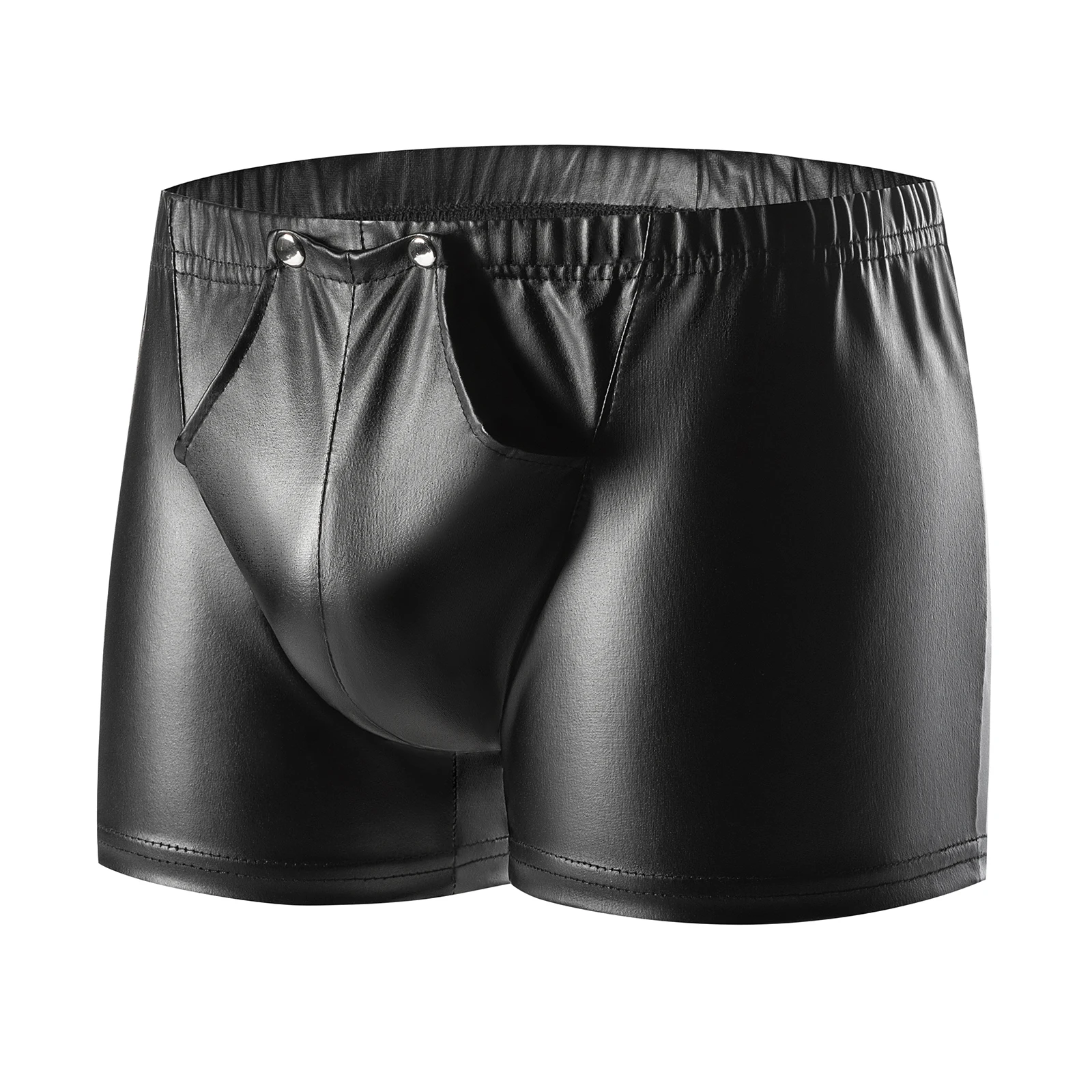 Mens Sexy Button Open Crotch Boxer Soft Leather Short Pants Fetish Lingerie Crotchless Male Bottom Bulge Pouch