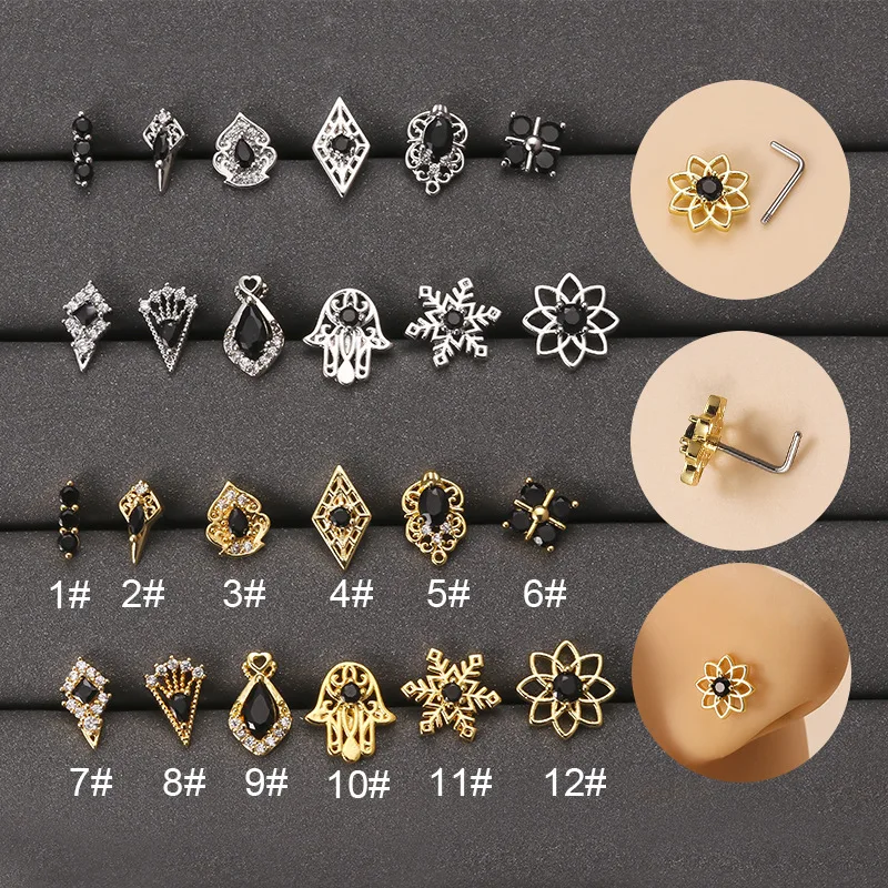 

1Piece Retro Black Zircon Snowflake Hand Nose Stud for Women 316L Stainless Steel L Shape Nose Stud Rings Nose Piercing Jewelry