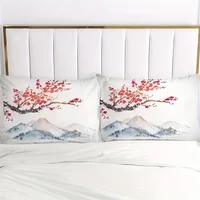 Chinese Style Fitted Sheet Set Ink Painting Plum Mountains Print Mattress Covers Soft Breathable Bedding Set With Deep Pocket 2