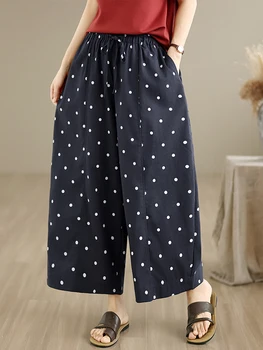 Floral Polka Dot Wide Leg Pants Elastic Waist Loose Fit Trousers for plus Size Women Summer Casual Cotton Linen Blend