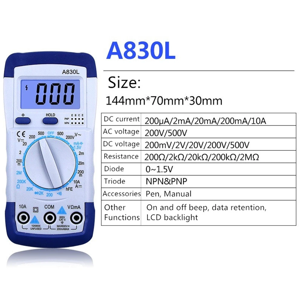 Digital Multimeter Handheld Digital Display Multi-meter AC / DC Voltmeter Ammeter Ohm Resistance Diode Triode Tester LCD Backlight Data Retention