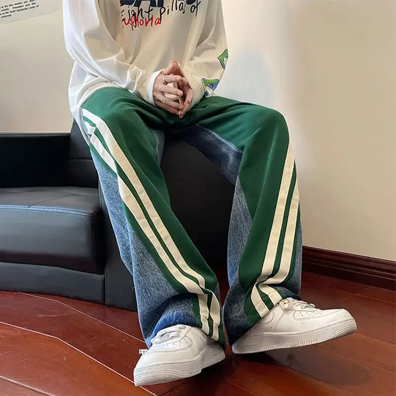 

Pants Denim Contrast Drawstring Lounge Pants American High Street Straight Casual Pants Women Hip-Hop Simple Loose Trousers
