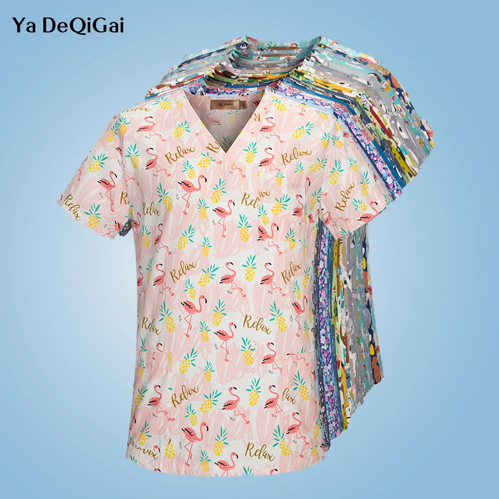 

Unisex Adults Uniform Short Medical Doctor Nursing Scrubs Tops Cartoon Print Cotton Costume Sleeves Surgical Working Clothes
