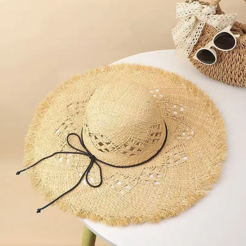 Summer Women'S Flap Beach Hat Bow Hollow Large Brim Sun Shade Sunscreen Raffia Straw Hat Women'S Handmade Straw