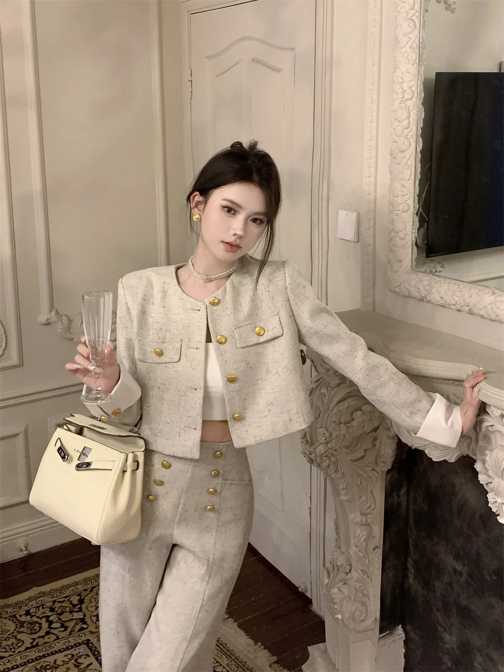 2Pcs Set,Two Pieces Sets,Lattice Coat and Pant,women fall clothing suit high waist crop top elegant korean fashion outfits y2k