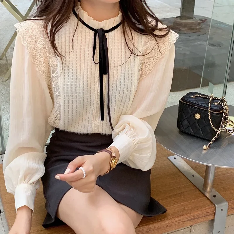 

Sweet Crochet Lace Shirt Women's Shirt 2022 New Spring/Autumn Chic Fashion Stand-up Collar Ladies Top Bottoming Shirt EGirl Y2k