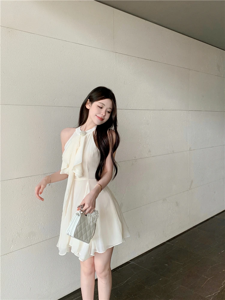 Elegant Halter Ruffles Short Dresses for Women Diamond Sleeveless A-line Sexy Evening Party Dress Prom Korean Chic Vestido Mujer