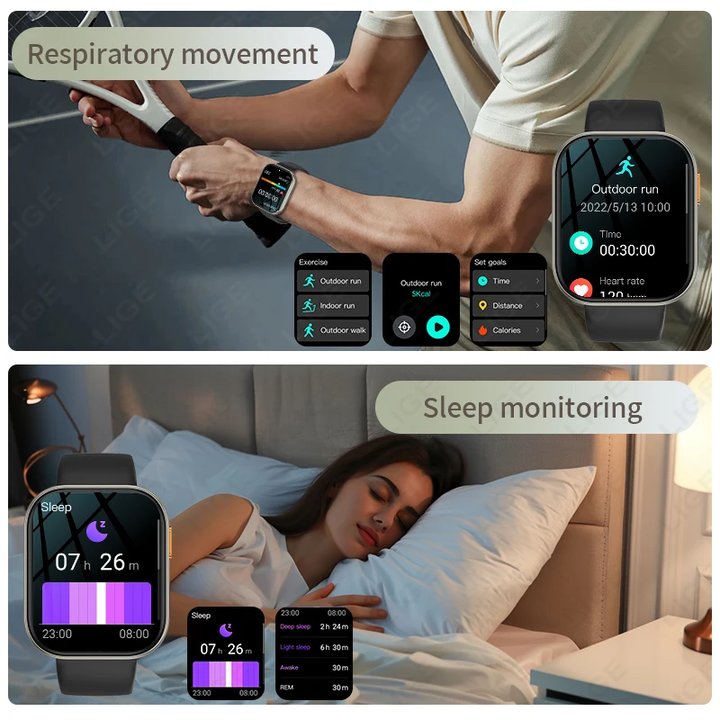 LIGE Men Women 1000mAh Battery Smartwatch LED Flashlight Waterproof Heart Rate Sports Bluetooth Call Smart Watch For iOS Android