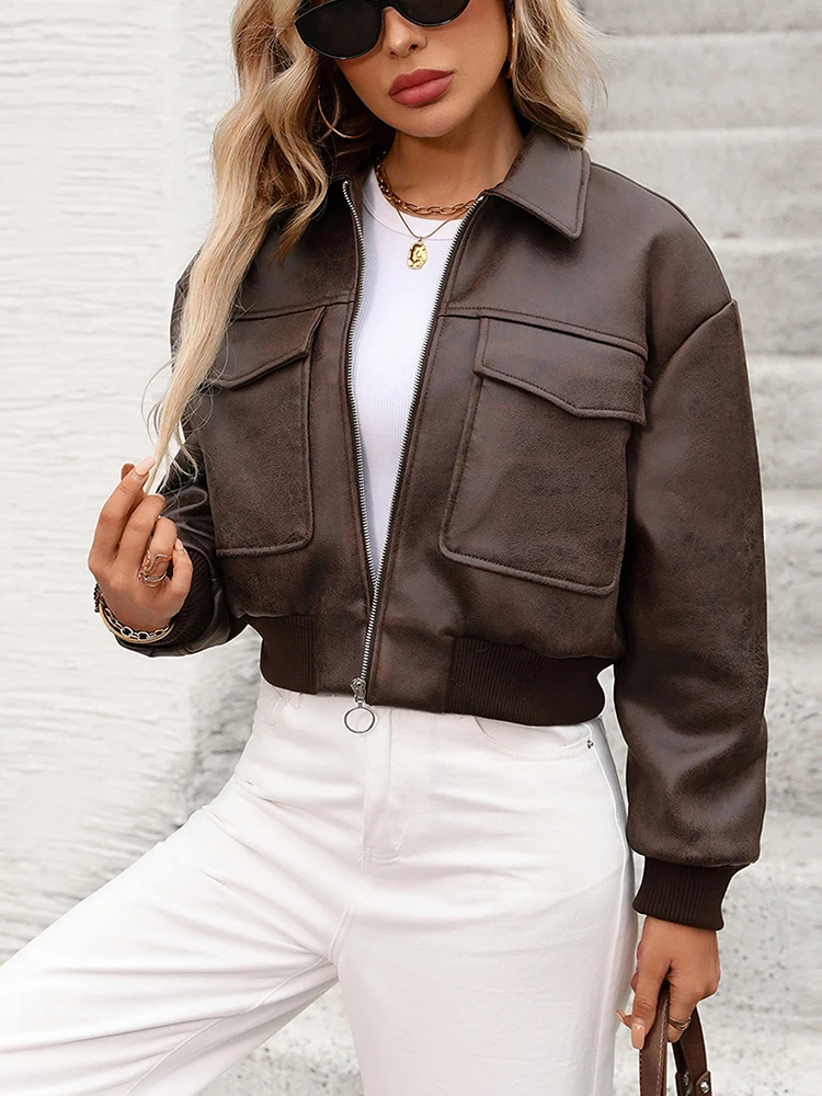 Ailegogo New Women Vintage Short Faux Leather Jacket Zipper Pocket Turn-down Collar Elastic Hem Coat Outwear