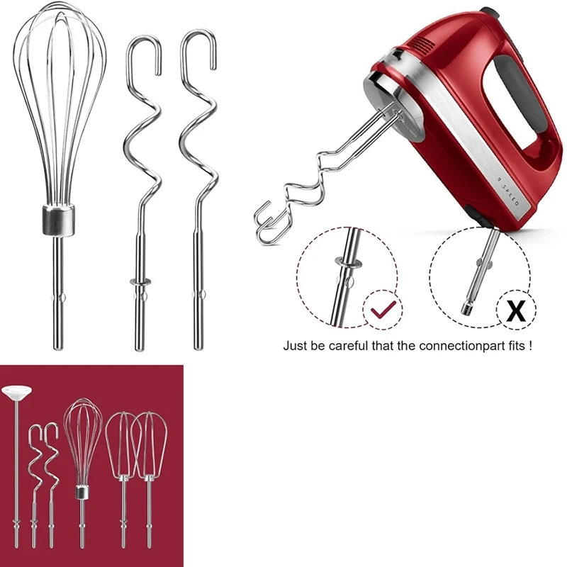 WISH Hand Mixer Attachments Beater,Whisk,Blending Rod And Dough Hooks, Stainless Steel Hand Mixer Accessories For Kitchenaid