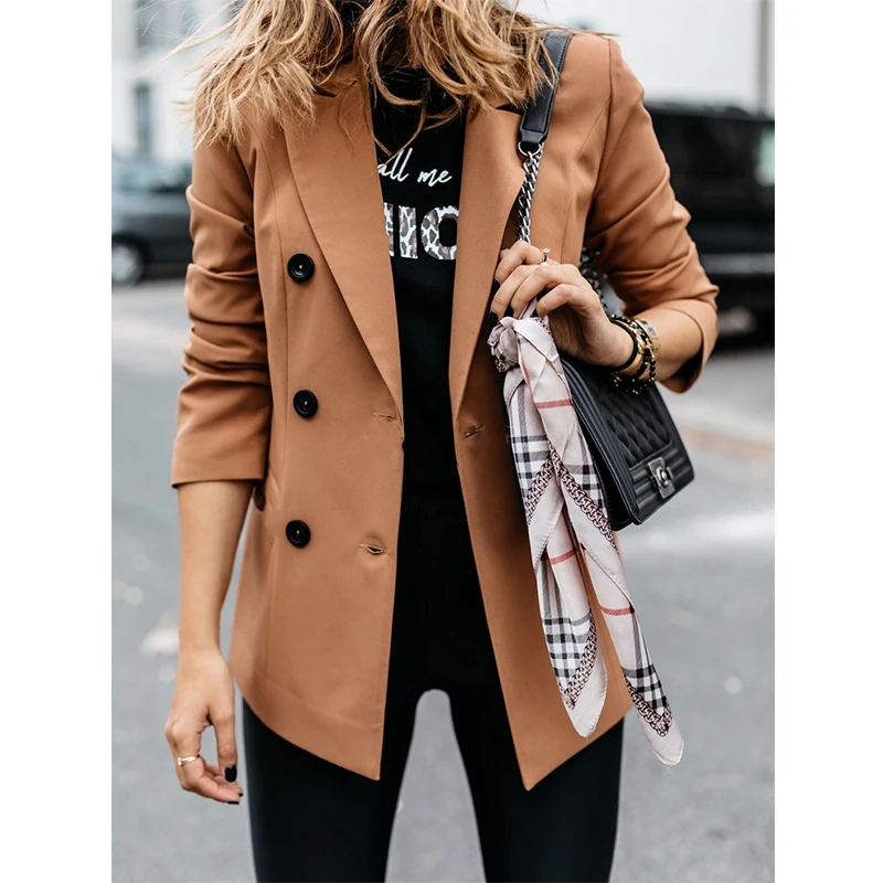 

Long Sleeves Button Office Black Lapel Lady Khaki Solid Jackets Business Suits Blazer Winter Women Double Breasted Blazer Coats
