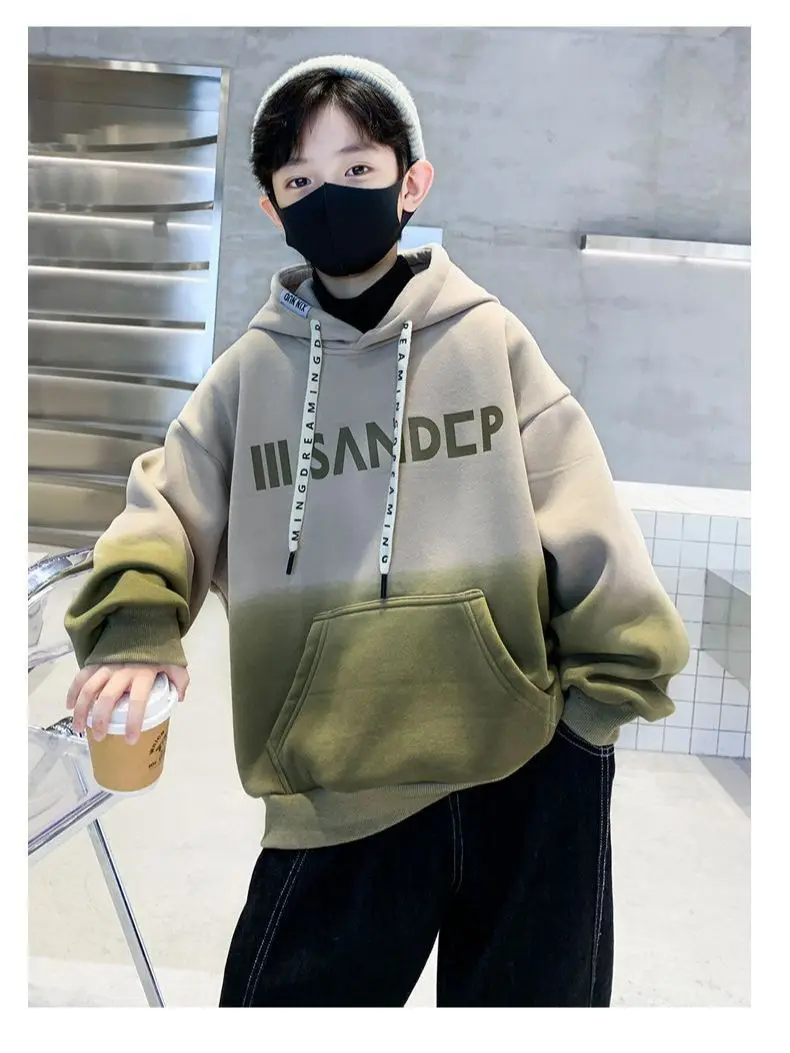 New teens children boy velvet letter hooded fashion Autumn and winter street fashion 5.6.7.8.9.10.11.12year hoodies