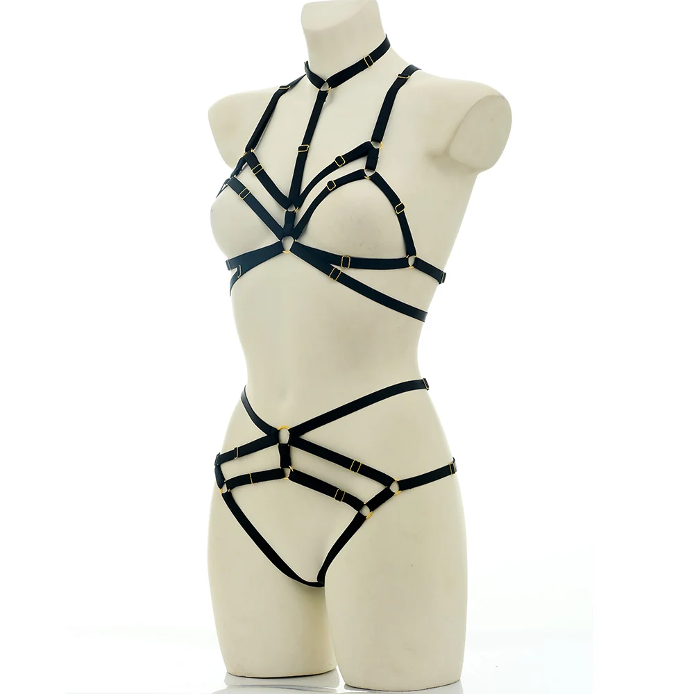 Cosplay Costume Hollow Elastic Adjust Body Harness Cage Bra G-string Lingerie Set Rave Wear Women Halloween Sexy Bondage Body Cage Harness