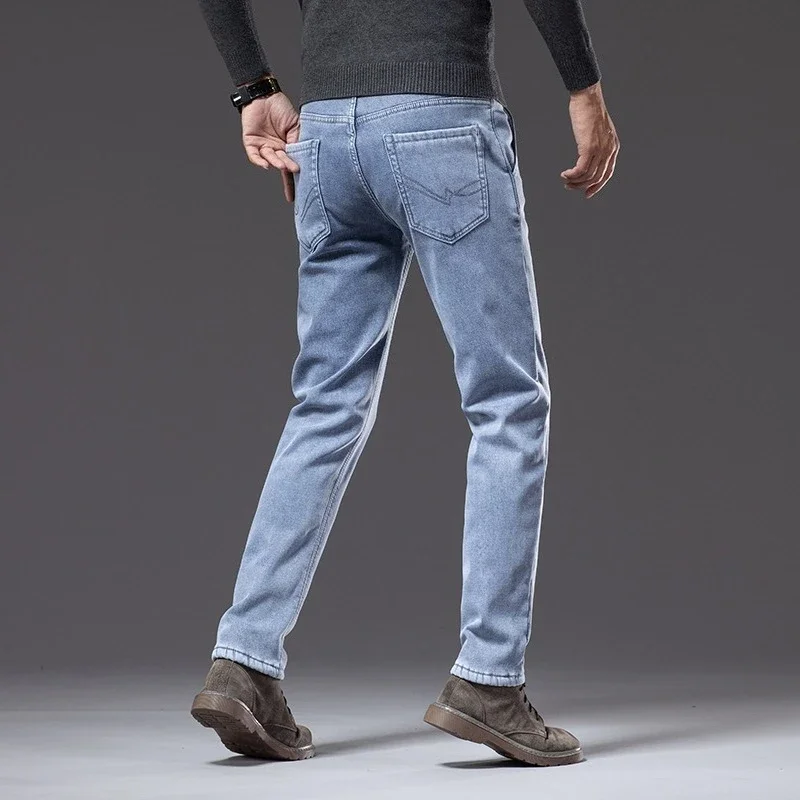 Winter Fleecy Thickened Warm Jeans Vintage Brand Classic Retro Youth Fashion Men Fit Straight Leg Casual Stretch Denim Pants 5