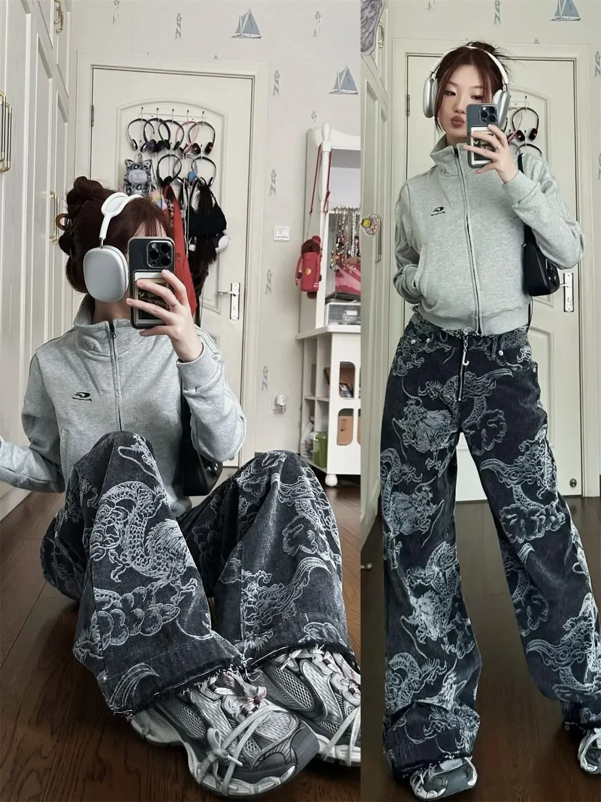 QWEEK Y2K Vintage Gray Jeans Women Chinese Dragon Print Hippie Denim Pants Oversized Streetwear Grunge Retro Wide Leg Trousers