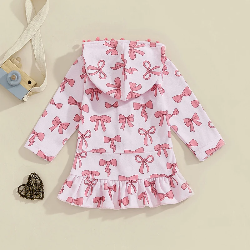 Girls Hooded Beach Robe Bow Print Long Sleeve Zipper Closure Loose Ruffled Hem Cover-Up