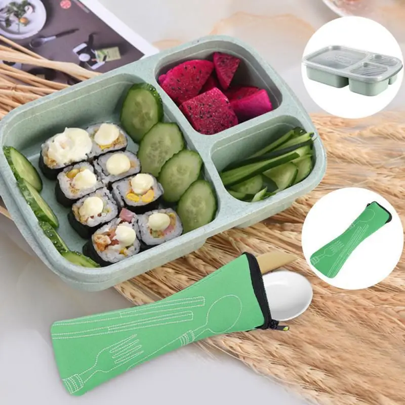 

Microwave Lunch Box Wheat Straw Dinnerware Food Storage Container Kid School Office Portable Bento Box Tableware Bag with Zipper