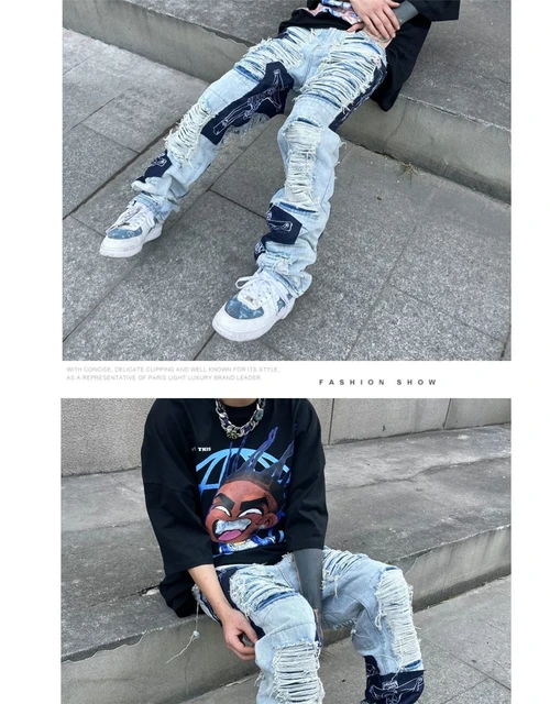 Jean skinny déchiré patchwork de peinture à l'huile pour homme, pantalon  crayon motard, denim noir, streetwear hip hop, 2021 - AliExpress