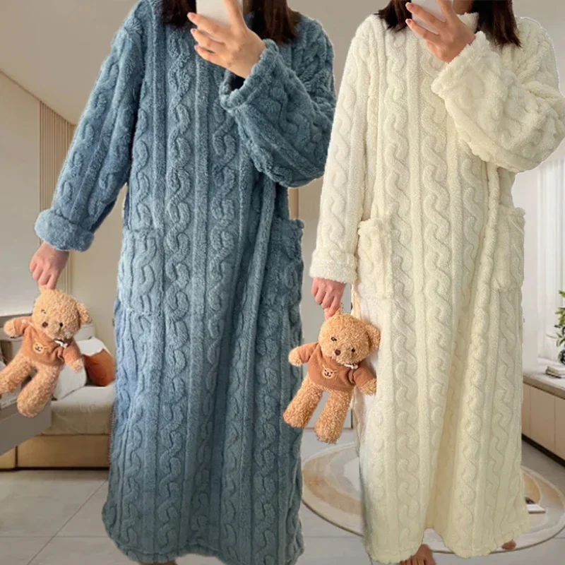 Winter Long Sleeve Double Pocket Flannel Women Sleepwear Loose Solid Jacquard Nightdress Thickened Warm Nightdress women sleepwear