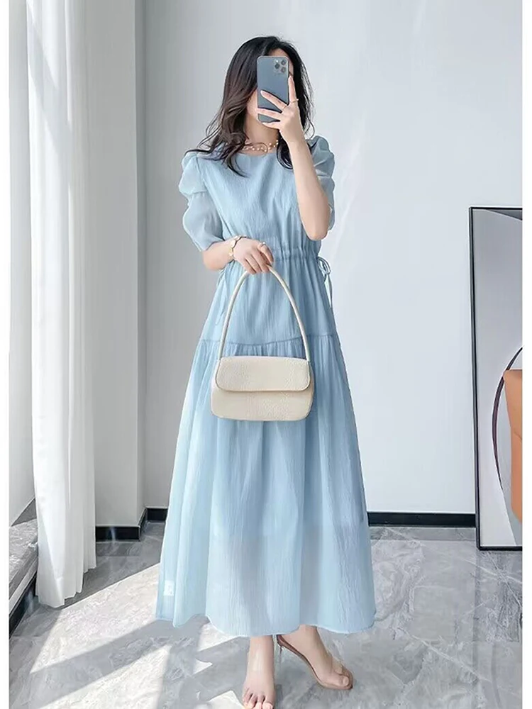 Women Dress Elegant Women Blue Dresses New Drawstring Slim Waist Short Sleeve Summer Dress Korea Fashion Solid color Chiffon Long Dress