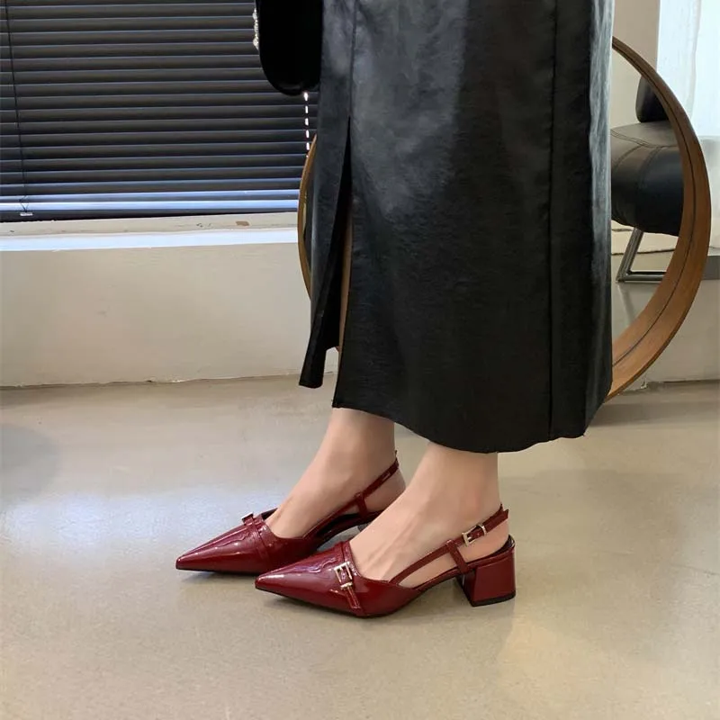 

Red High Heels Women Pointed Toe Slingback Shoes Ladies Pumps Casual Low Heel Belt Buckle Office Shoes Autumn Chaussure Femme