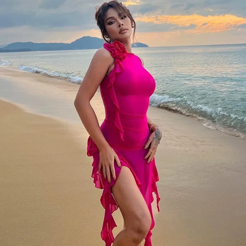 

Women Dresses Summer Mesh Sheer Sleeveless Lace-up Woman Clothing V-neck Backless Beach Vacation Sexy Bodycon Girls Dresses 2023