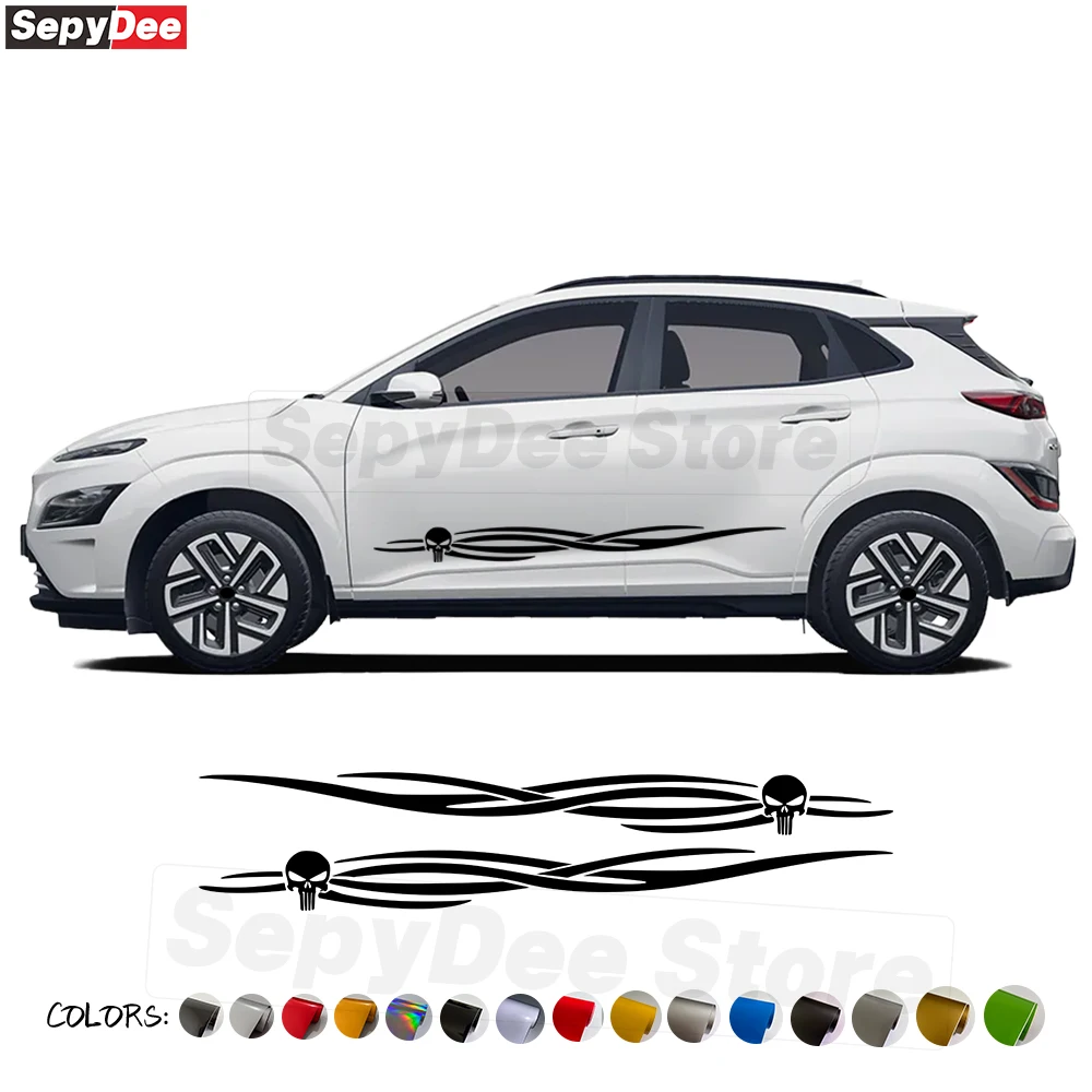 

2Pcs Car Door Side Stripes Skirt Stickers for Hyundai Kona Skull Totem Graphic Body Decor Vinyl Film Decals Car Accessories
