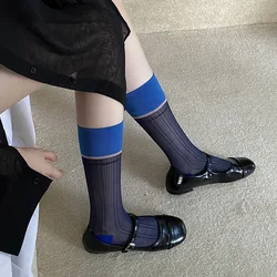 Women Ladies Summer Thin Breathable Glass Silk Thin Transparent Striped Socks Middle Tube Design and Creative Color Blocking Sox