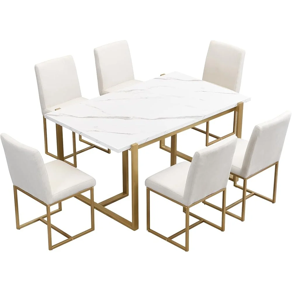 7-Piece Dining Table Set Faux Marble Top 6 Upholstered Chairs L-Shaped Legs Kitchen Furniture Modern Home Dining Room