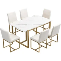 7-Piece Modern Dining Table Set with Faux Marble Top and 6 Upholstered Chairs, L-Shaped Legs - Image 5