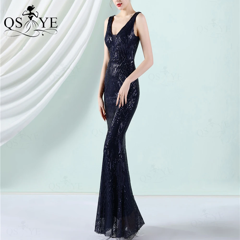 black formal gown Pattern Lace Black Evening Dresses Mermaid Sequin Prom Gown V neck Sleeveless Party Gown Open Low Back Fitted Black Formal Dress black evening dresses