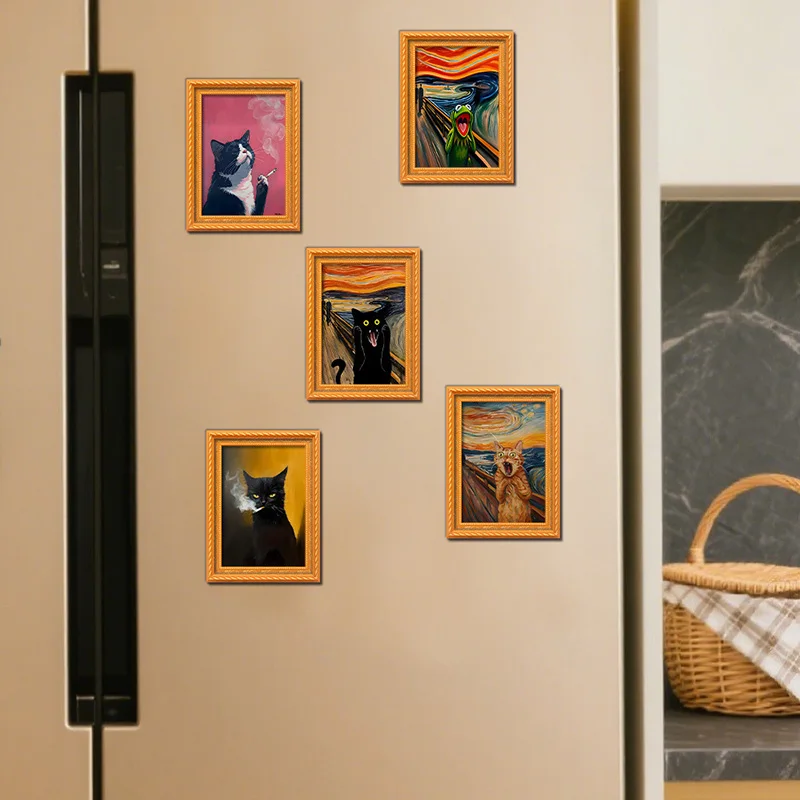 Ins Black Cat Retro Scream Picture Frame Magnet - Rental House Décor, Magnetic Oil Painting Style