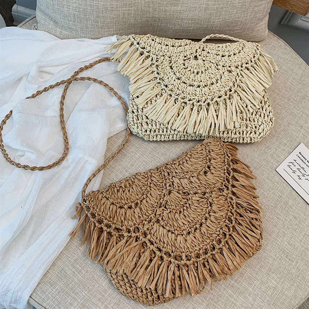 

Summer Straw Bags For Women Handmade Tassel Beach Bags 2022 Raffia Rattan Woven Handbags Vacation Shoulder Crossbody Bags