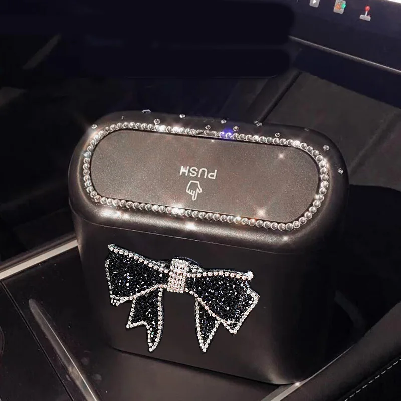 Cute Big Diamond Bowknot Car Trash Bin Hanging Vehicle Garbage Dust Case Storage Box Pressing Type Trash Can Auto Accessories car trash can