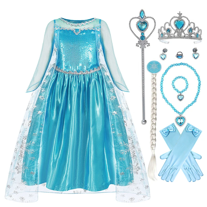 thumbnail image 1 of Disfraz de Elsa, reina de las nieves de Disney para niñas, vestido de Elsa, traje de cosplay de Frozen, disfraz de princesa de las nieves, traje de fiesta de cumpleaños de Halloween, 1 of 5