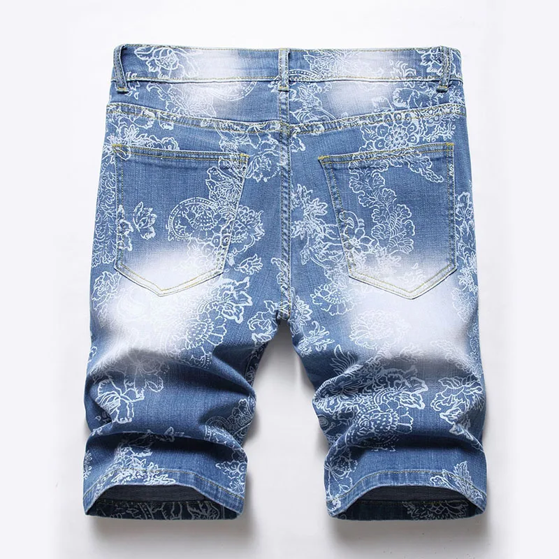 Summer New Men's Denim Shorts Classic Style Flower Printing Blue Fashion Casual Slim Fit Short Jeans Male Cotton Shorts