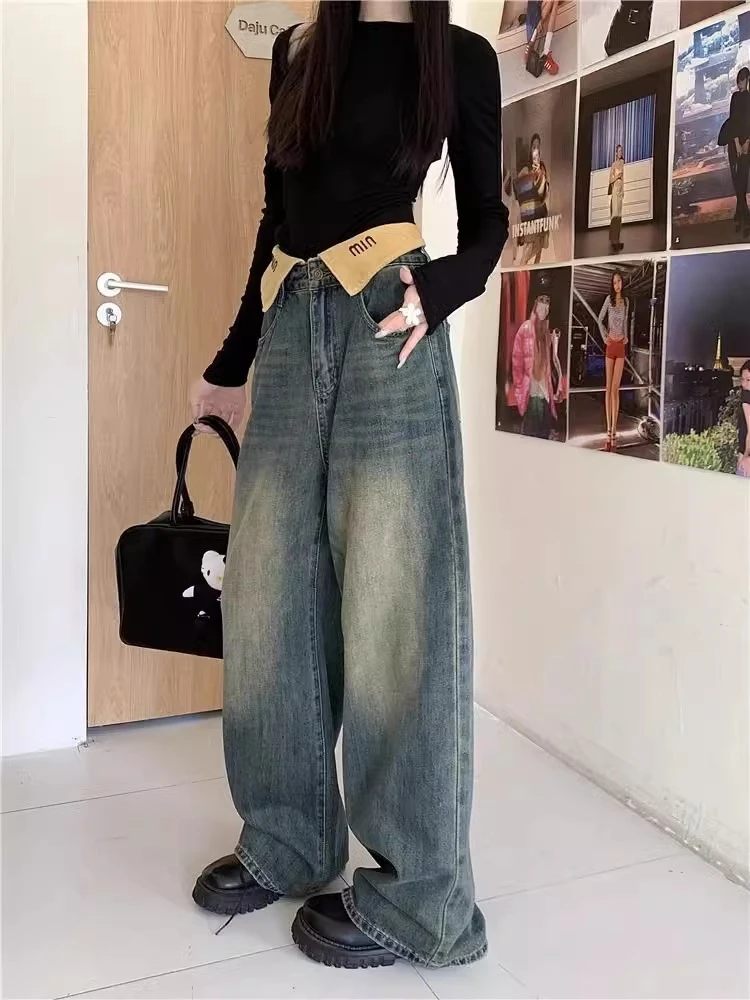 Women's Flanging Design High Waist Wide Leg Jeans Vintage Street American Style Casual Pants Female Straight Denim Trousers images - 6