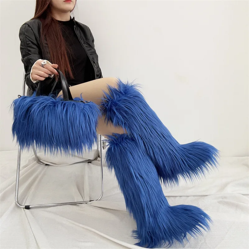 Plush Shoes And Bag Set Plus Size 44 Winter Faux Fur Snow Boots Women Candy Colors y2k Pink Knee High Boots Red Christmas Gift