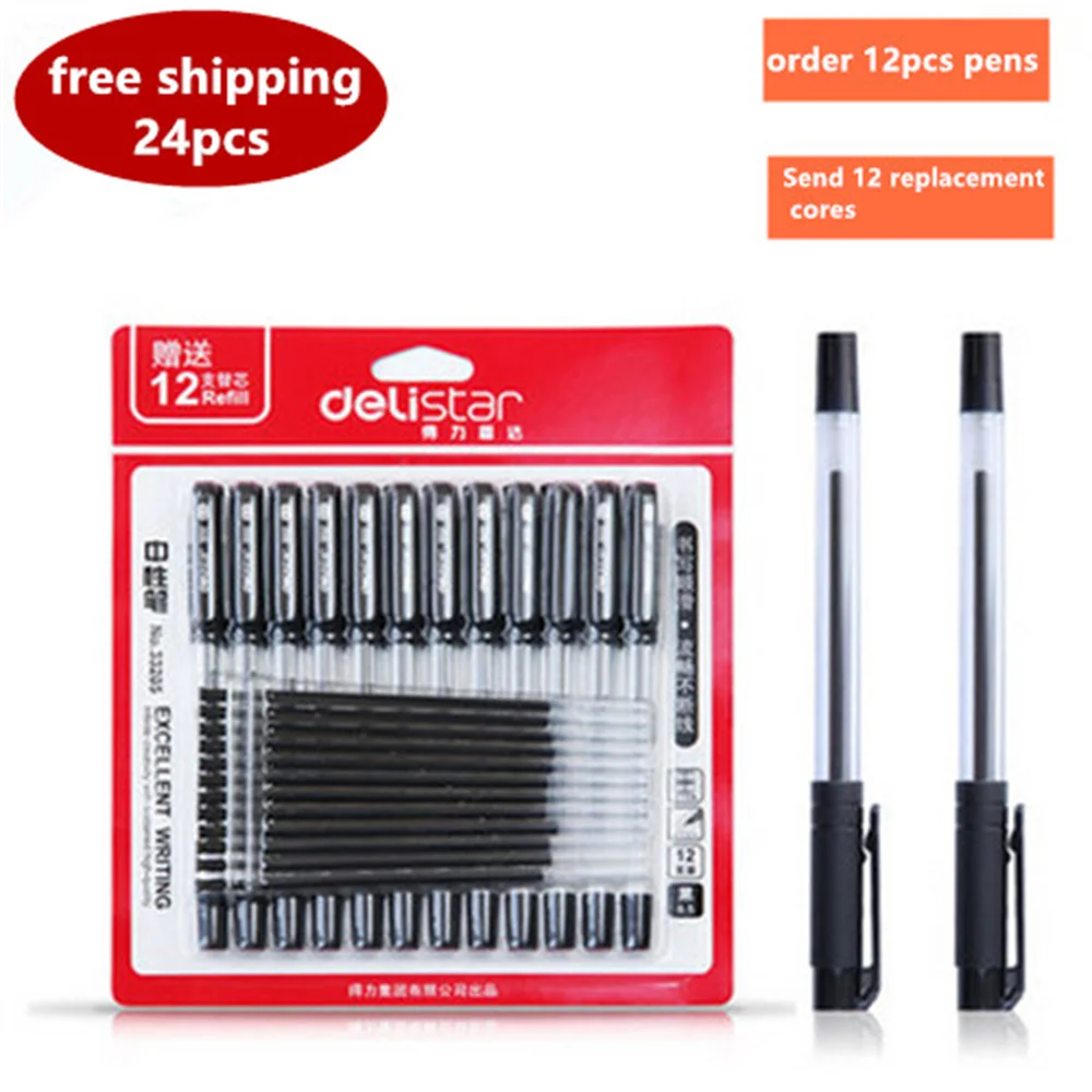 

DELI 12 +12Pcs/set Black 0.5mm Ink Ballpoint Pen Gel Pens Water Pen Signature Pen Office Student Supplies Stationery Wholesale