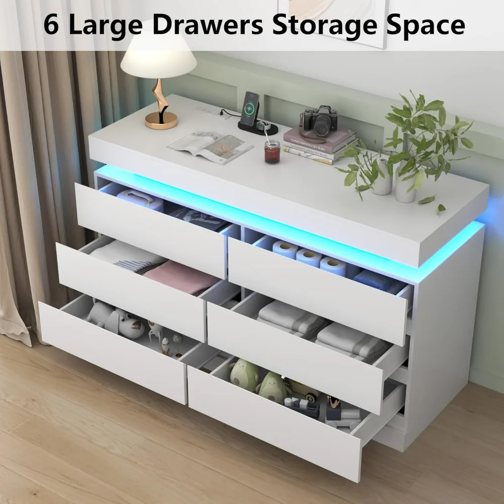 6 Drawer Dresser with Power Outlet, Dresser with LED Light, Chest of Drawers for Closet, Double Wide Drawer Organizer Cabinet 4