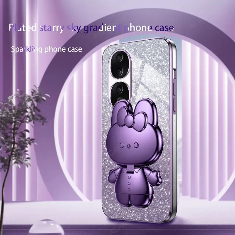 Cute 3D Rabbit Makeup Mirror Stand Plating Soft Phone Case - Protective Back Cover