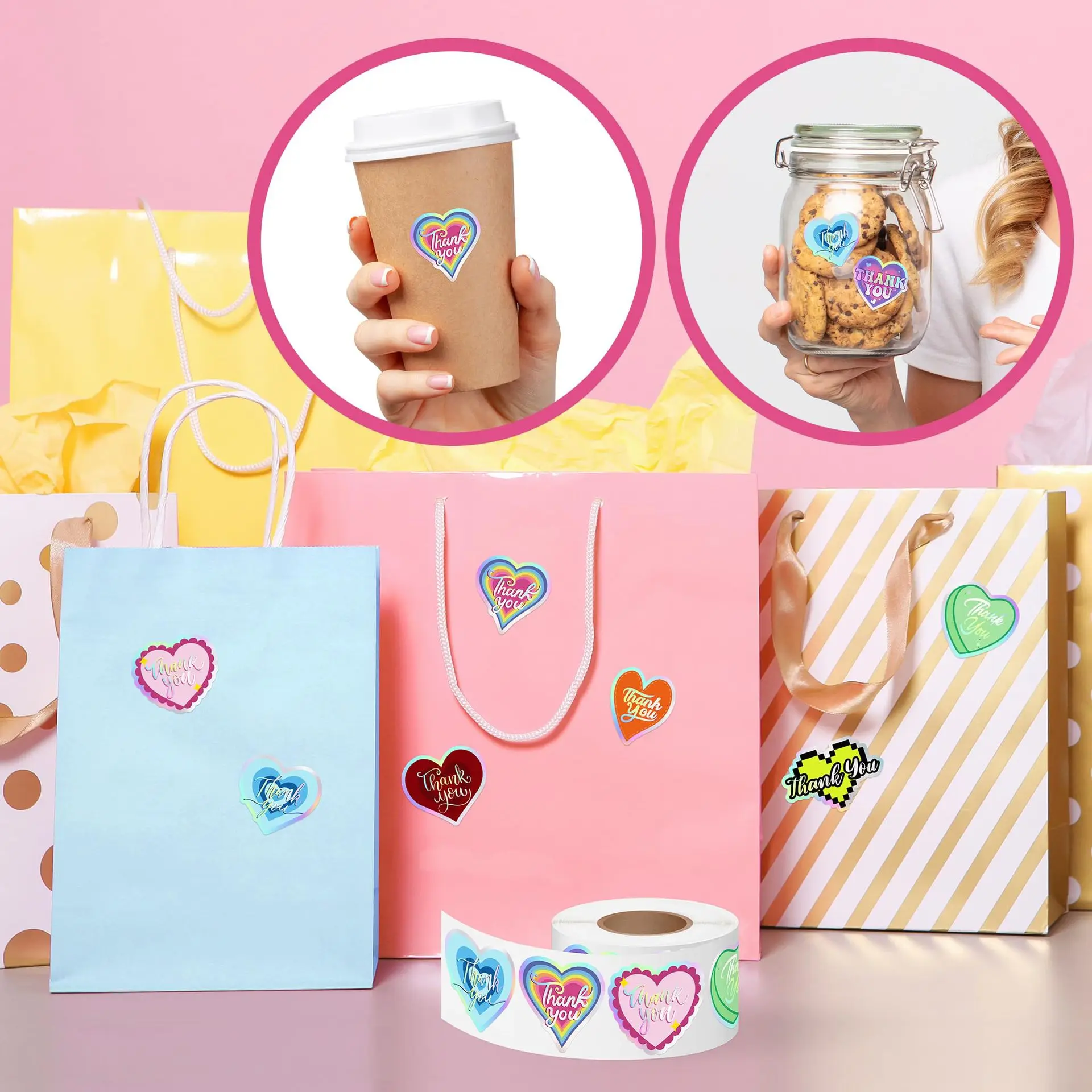 100-500pcs 하트 모양의 감사 스티커 생일 웨딩 파티 선물 포장 라벨 스크랩북 편지지 스티커